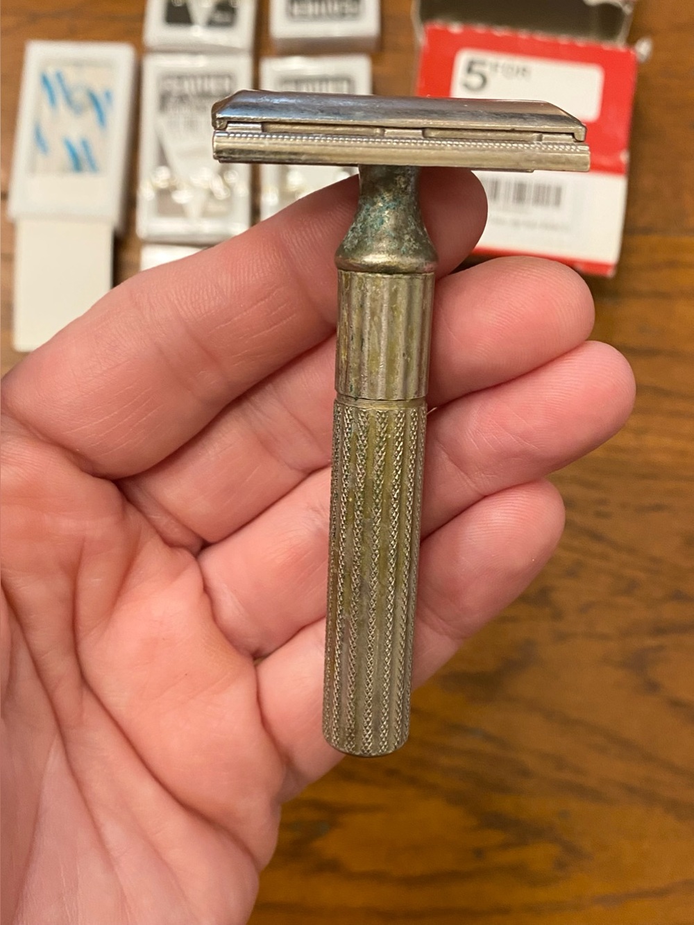 VTG 1940s Gillette Fat Handle Original Tech Men’s Safety Razor w Feather Razors
